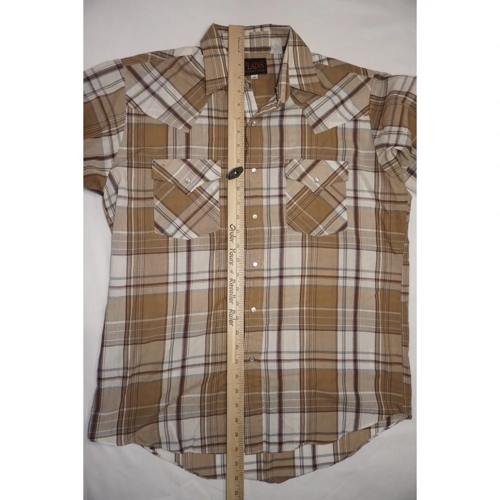 Plains Medium Tan Plaid Short Sleeve Western Pearl Snap Shirt